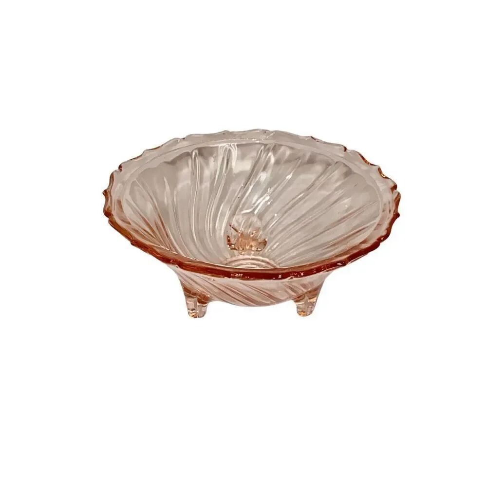 Vintage Jeannette Glass Co. pink footed 1937 depression glass swirl bowl.